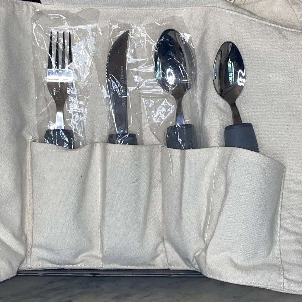 BunMo Adaptive Rubber Grip 4 pc Grey Dinner Utensil Set Canvas Travel Wrap Light